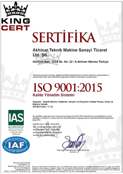 ISO 9001:2015 sertifikası — Kalite Yönetim Sistemi · KingCert (TR)