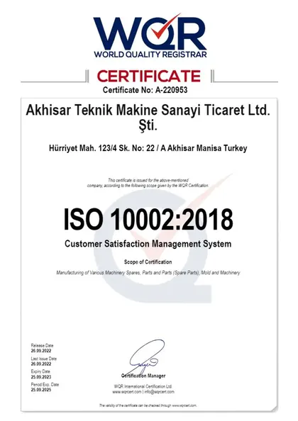 ISO 10002:2018 sertifikası — Customer Satisfaction Management System · WQR (EN)