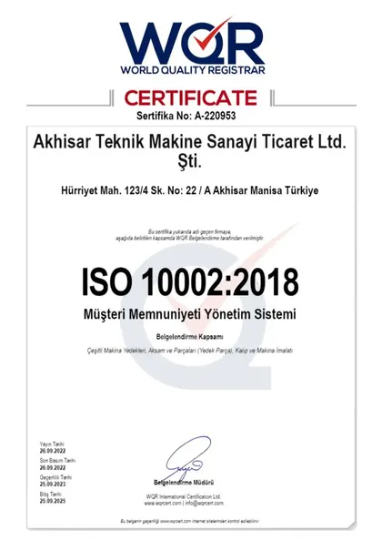 ISO 10002:2018 sertifikası — Müşteri Memnuniyeti Yönetim Sistemi · WQR